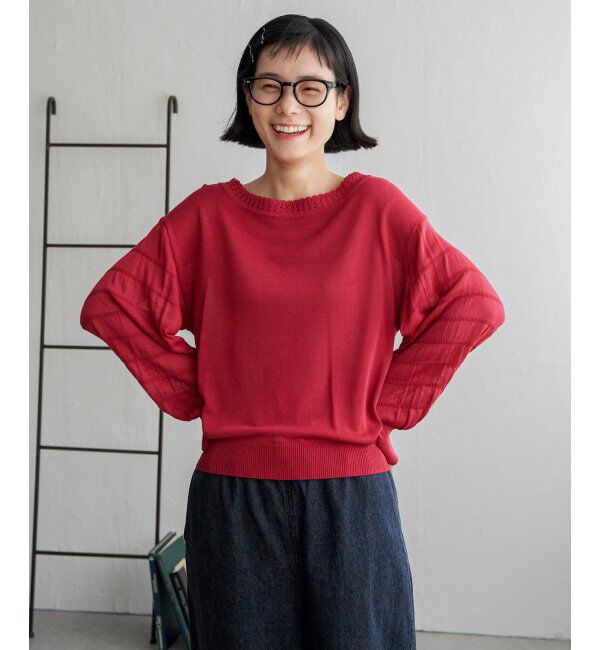 Lbc with Life「スリーブシャーリングシアーニット」|カーディガン|ダークレッド