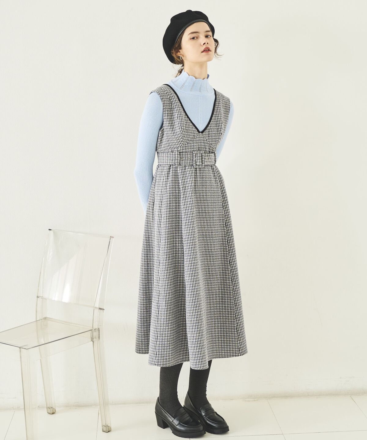 アンドクチュール「ラメツイードVネックジャンスカ」|ジャンパースカート|