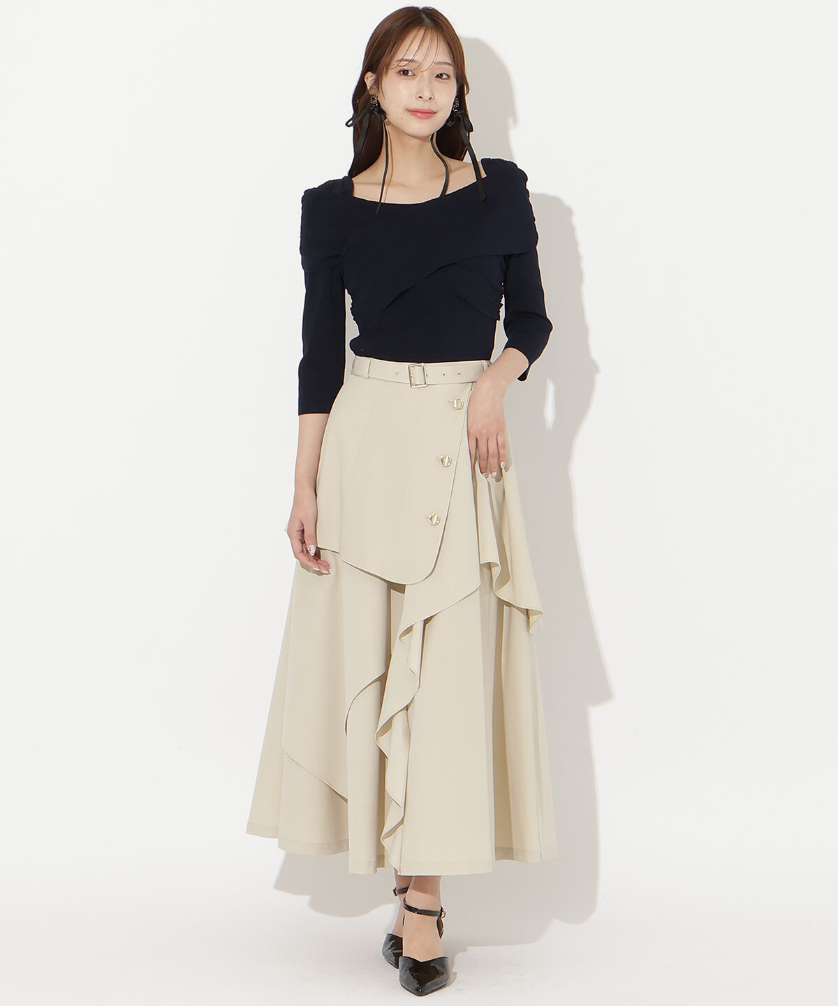 アンドクチュール「ベルト付きレイヤードデザインフレアスカート」|フレア|ベージュ