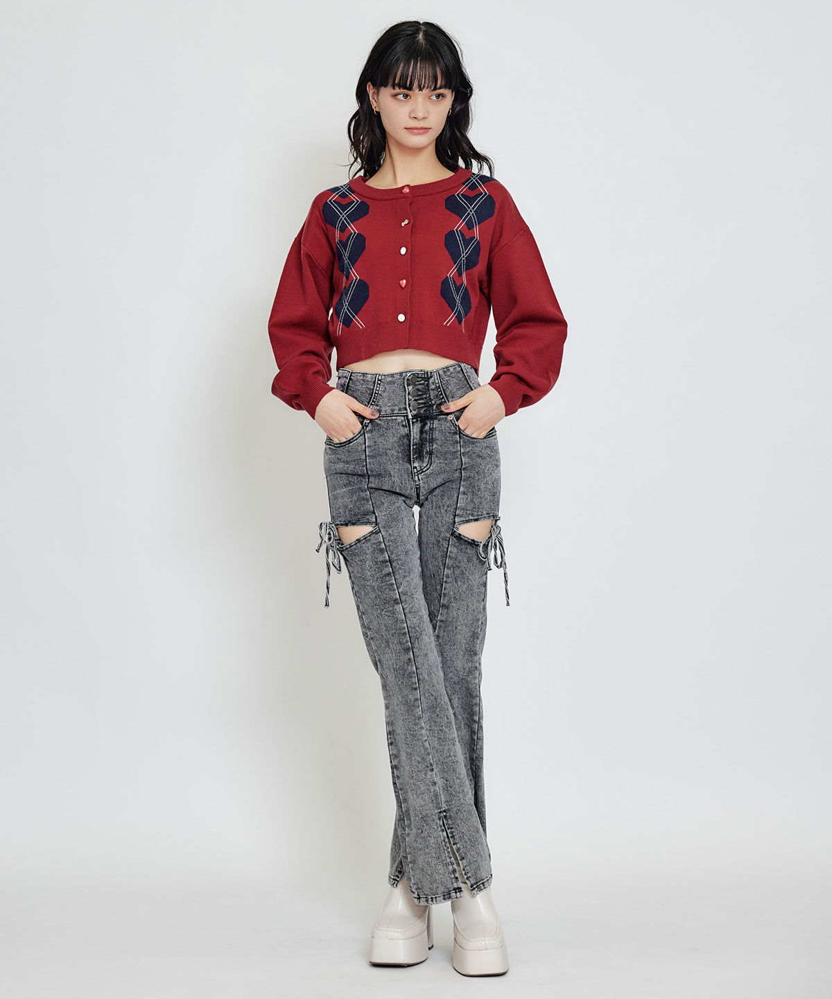 REDYAZEL「カットアウトリボンストレッチデニム」|デニム|