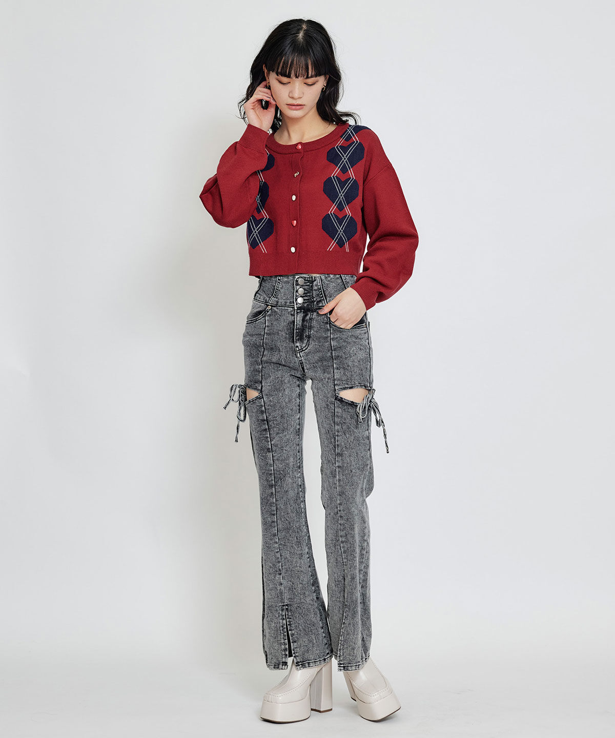 REDYAZEL「カットアウトリボンストレッチデニム」|デニム|