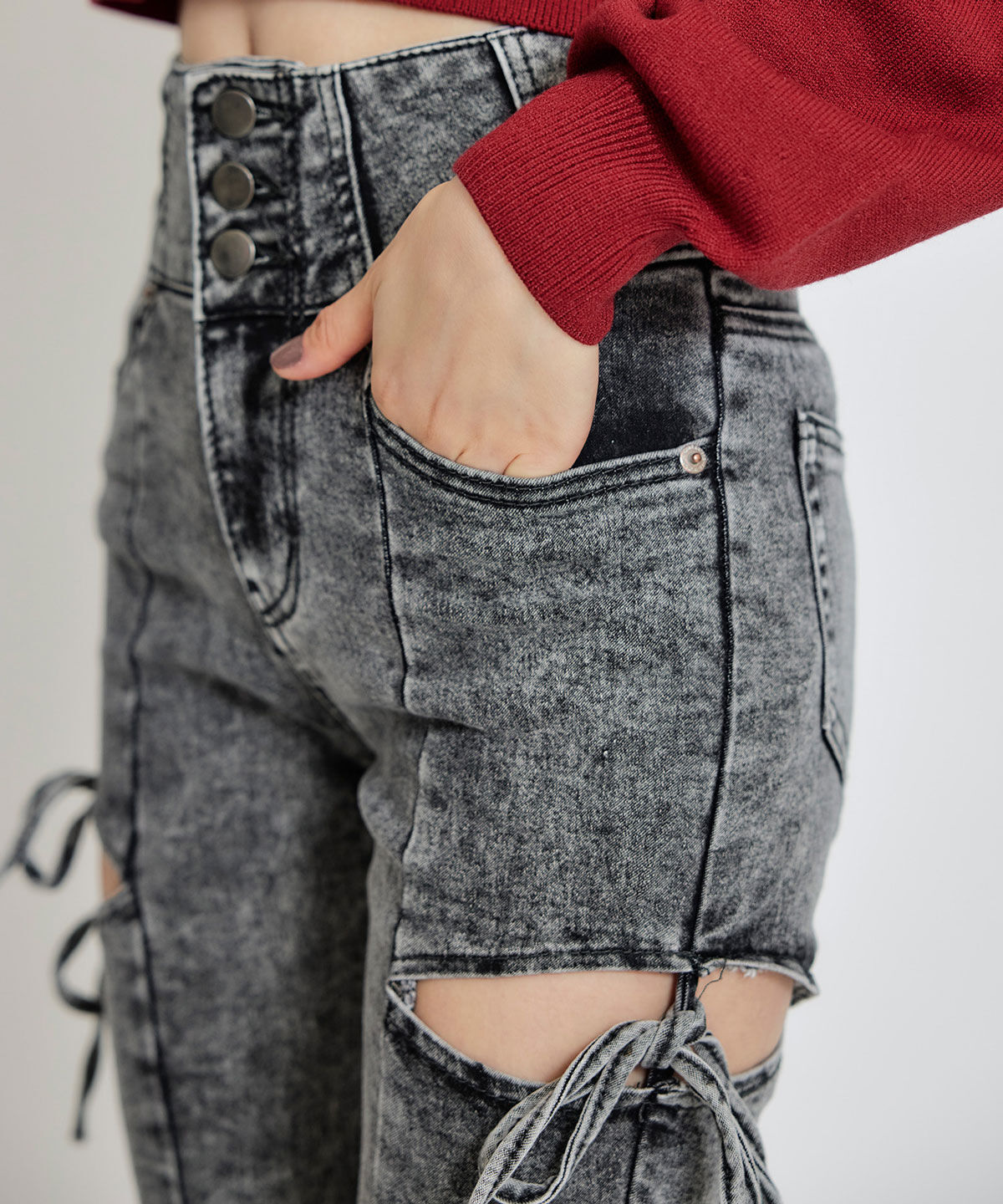 REDYAZEL「カットアウトリボンストレッチデニム」|デニム|