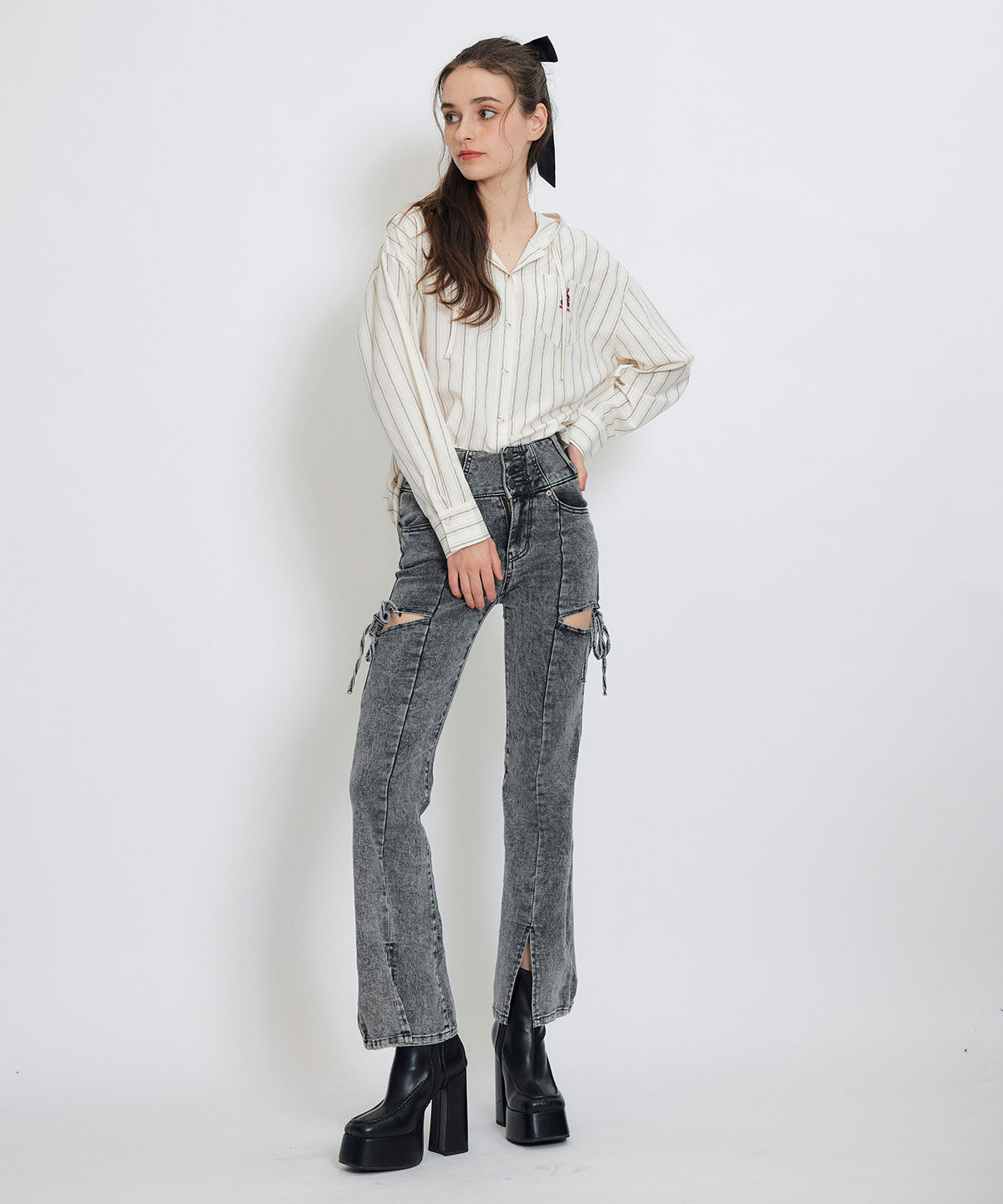 REDYAZEL「カットアウトリボンストレッチデニム」|デニム|