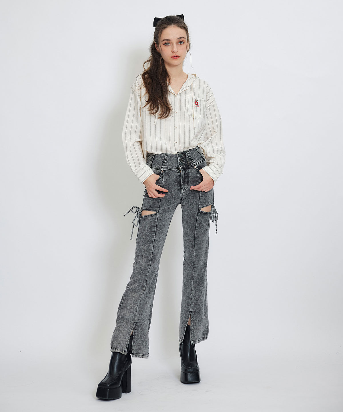 REDYAZEL「カットアウトリボンストレッチデニム」|デニム|