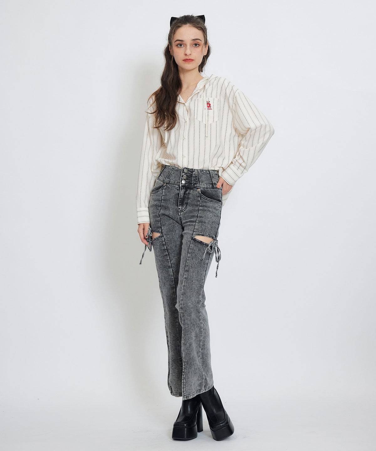 REDYAZEL「カットアウトリボンストレッチデニム」|デニム|