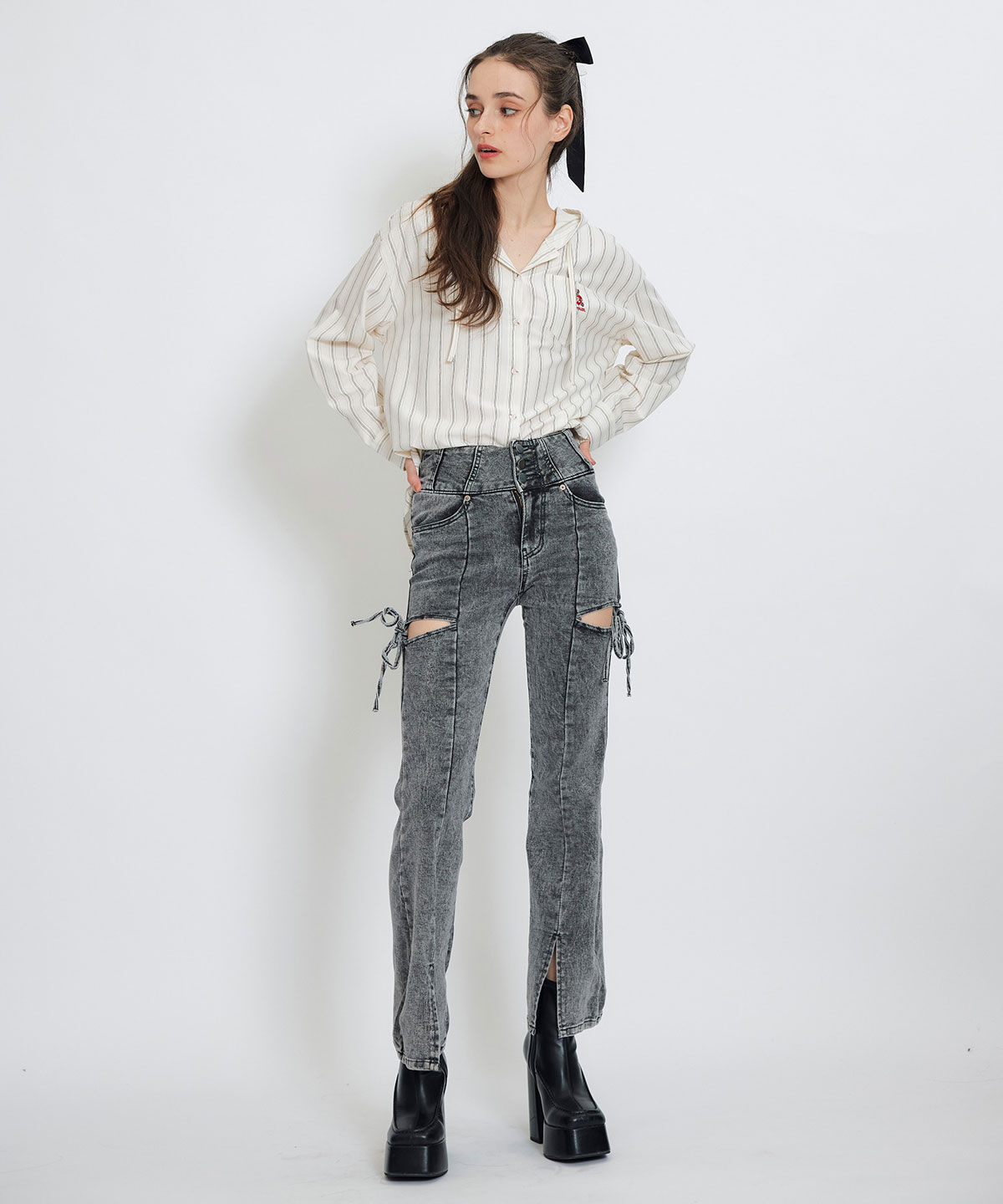 REDYAZEL「カットアウトリボンストレッチデニム」|デニム|
