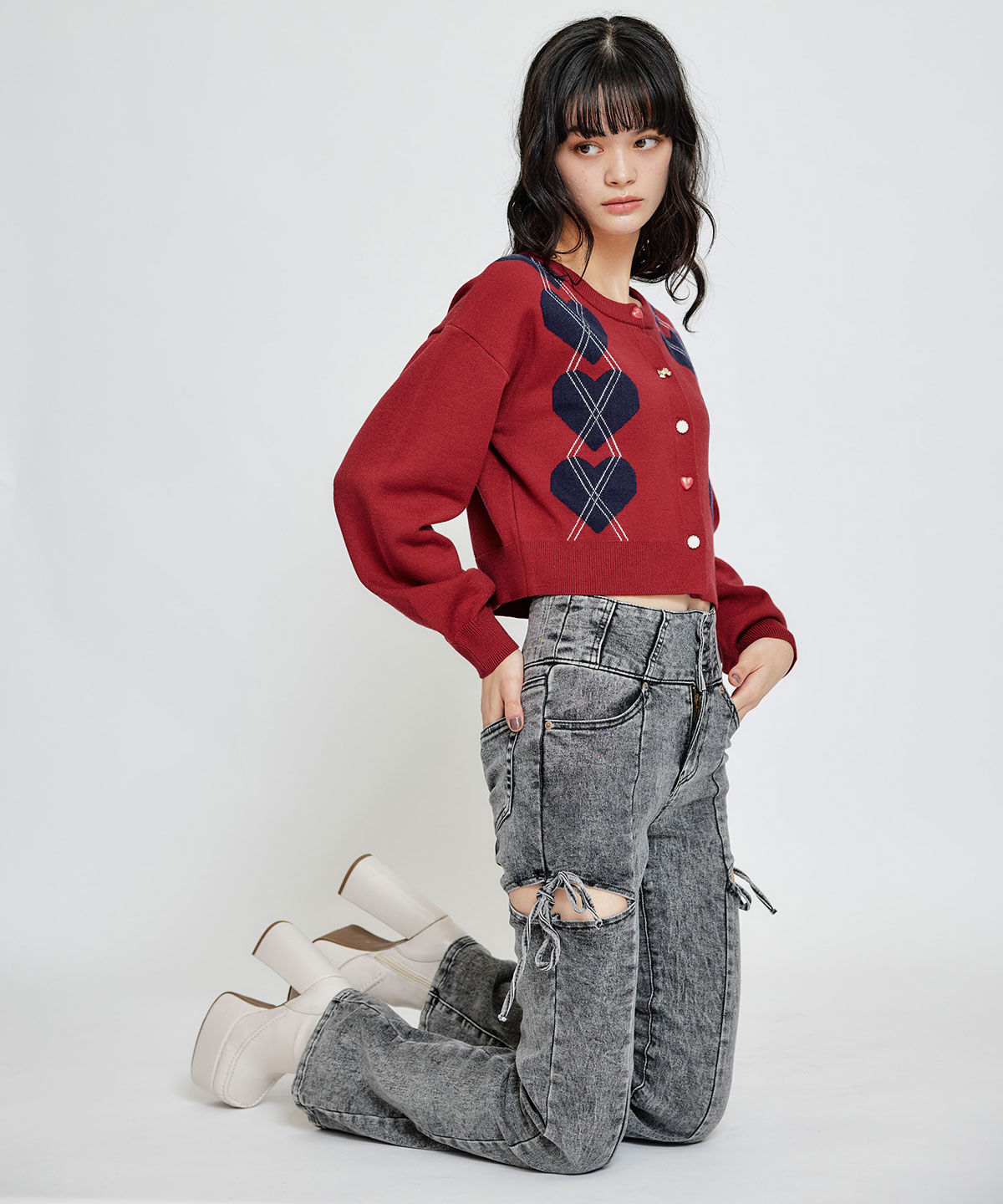 REDYAZEL「カットアウトリボンストレッチデニム」|デニム|