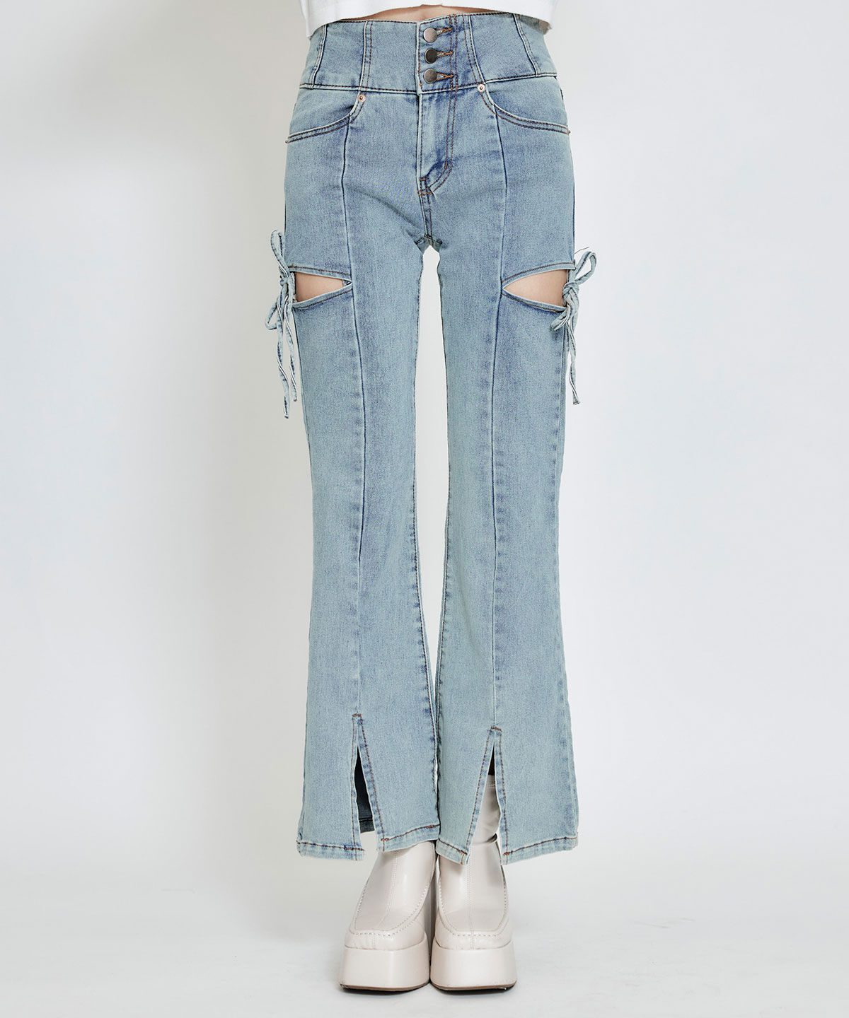 REDYAZEL「カットアウトリボンストレッチデニム」|デニム|ブルー