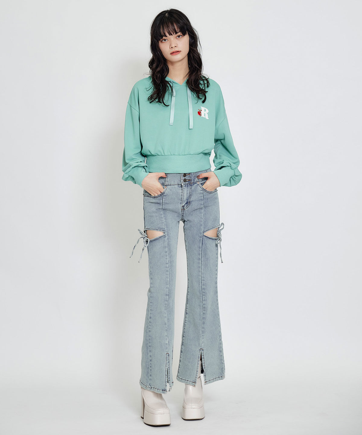 REDYAZEL「カットアウトリボンストレッチデニム」|デニム|