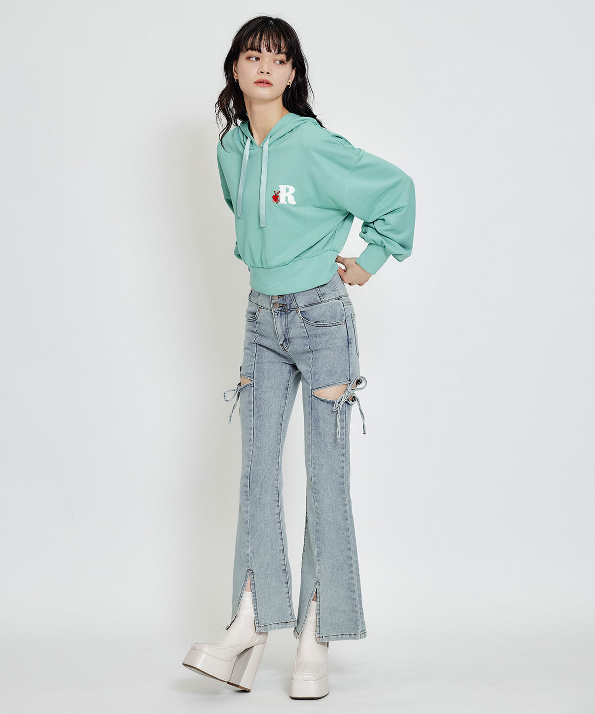 REDYAZEL「カットアウトリボンストレッチデニム」|デニム|