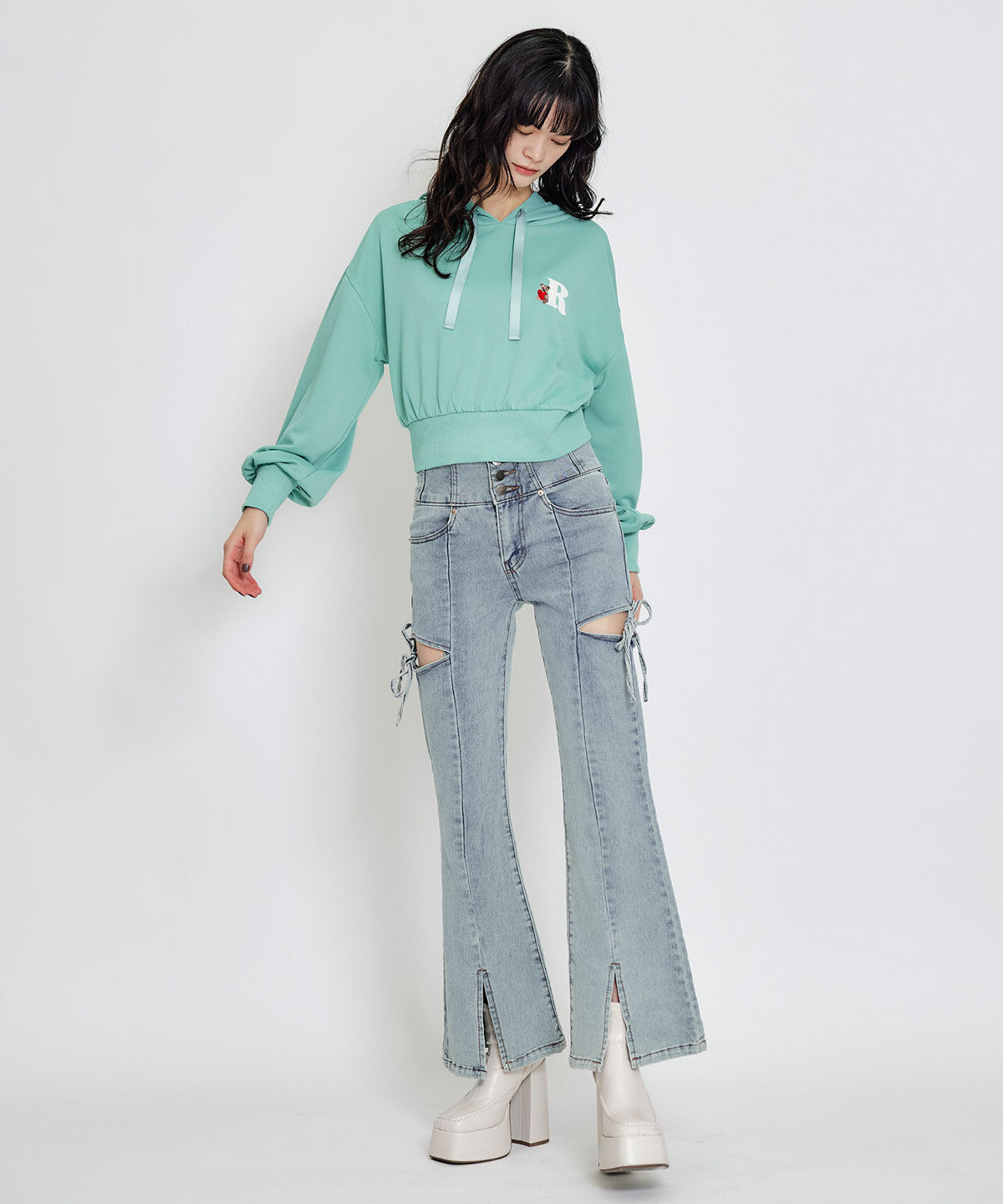 REDYAZEL「カットアウトリボンストレッチデニム」|デニム|