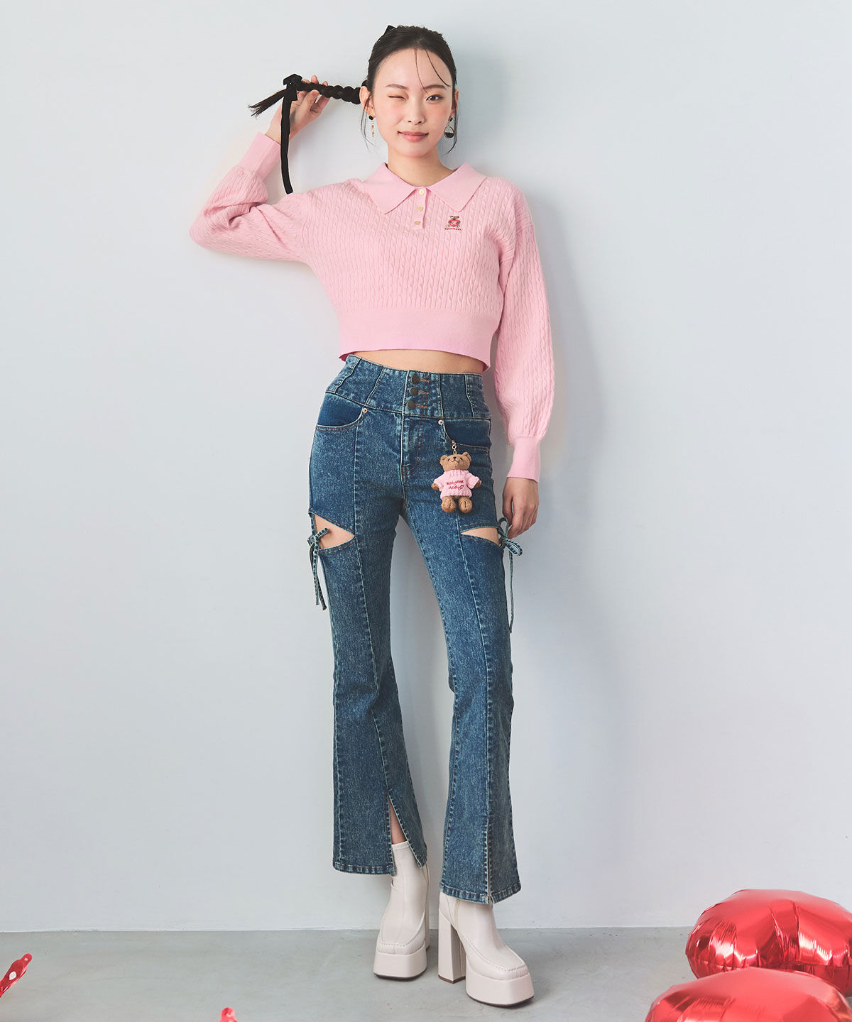 REDYAZEL「カットアウトリボンストレッチデニム」|デニム|ダークブルー