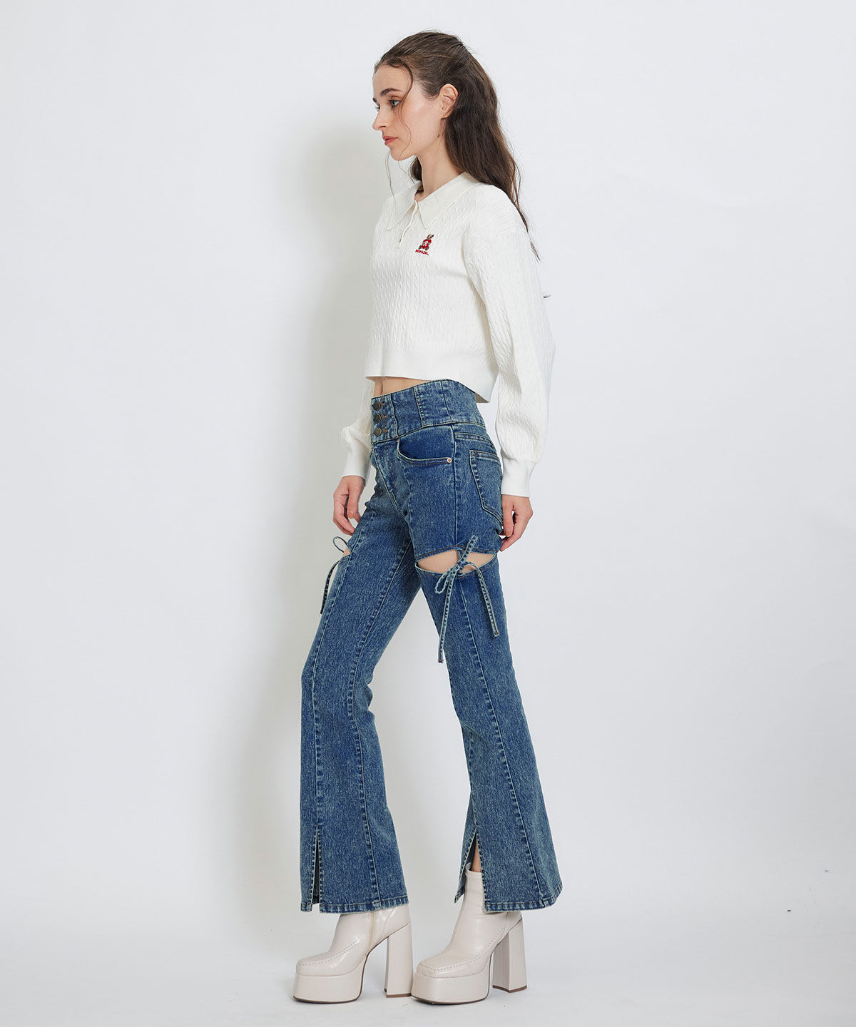 REDYAZEL「カットアウトリボンストレッチデニム」|デニム|