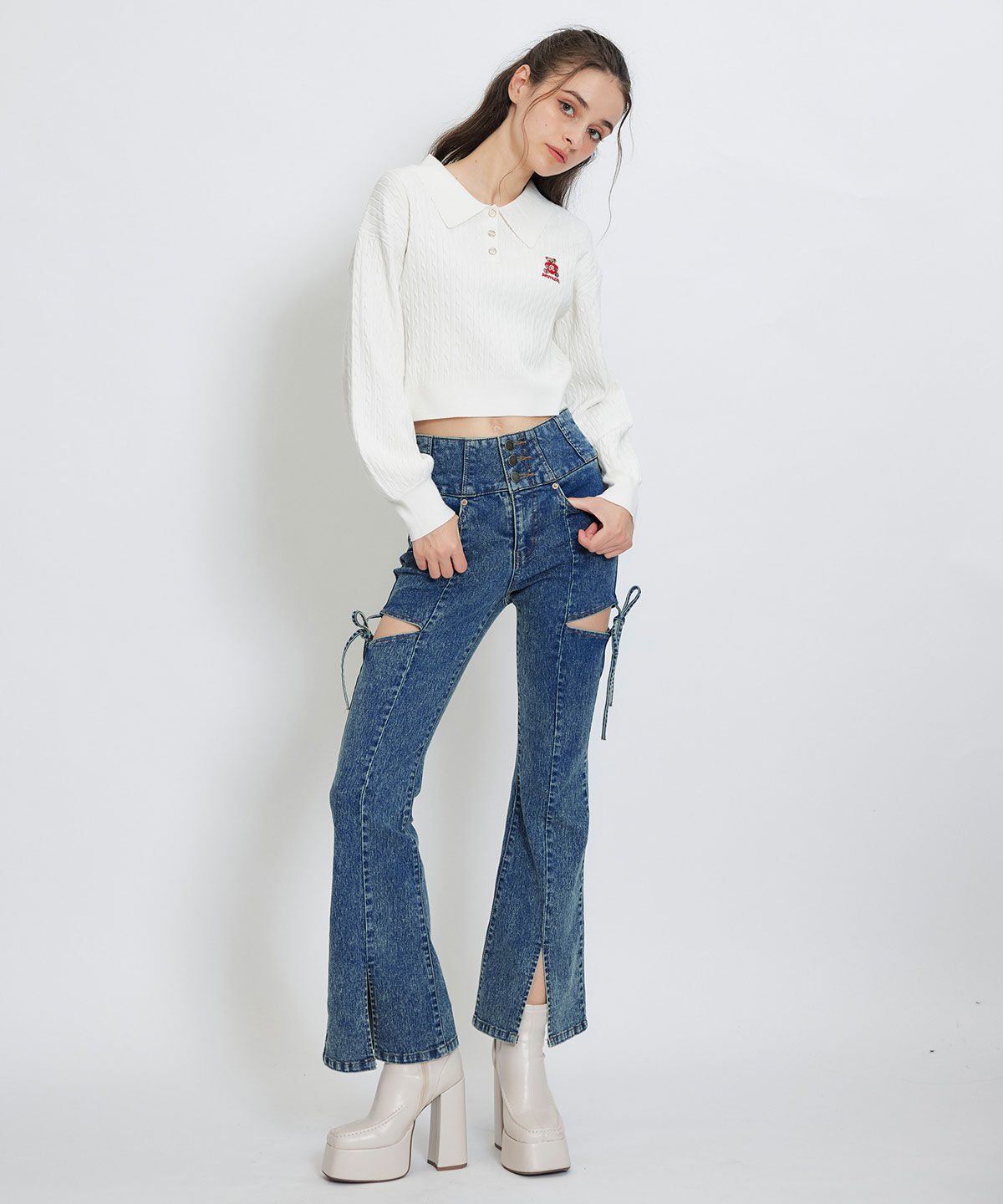 REDYAZEL「カットアウトリボンストレッチデニム」|デニム|