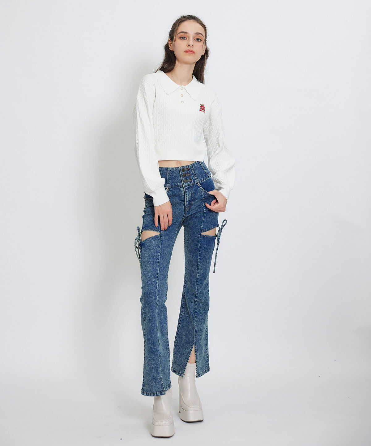 REDYAZEL「カットアウトリボンストレッチデニム」|デニム|