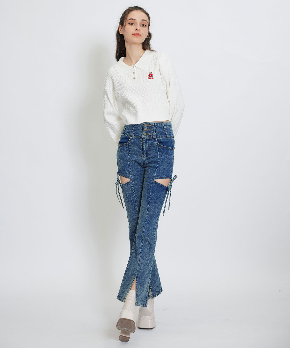 REDYAZEL「カットアウトリボンストレッチデニム」|デニム|