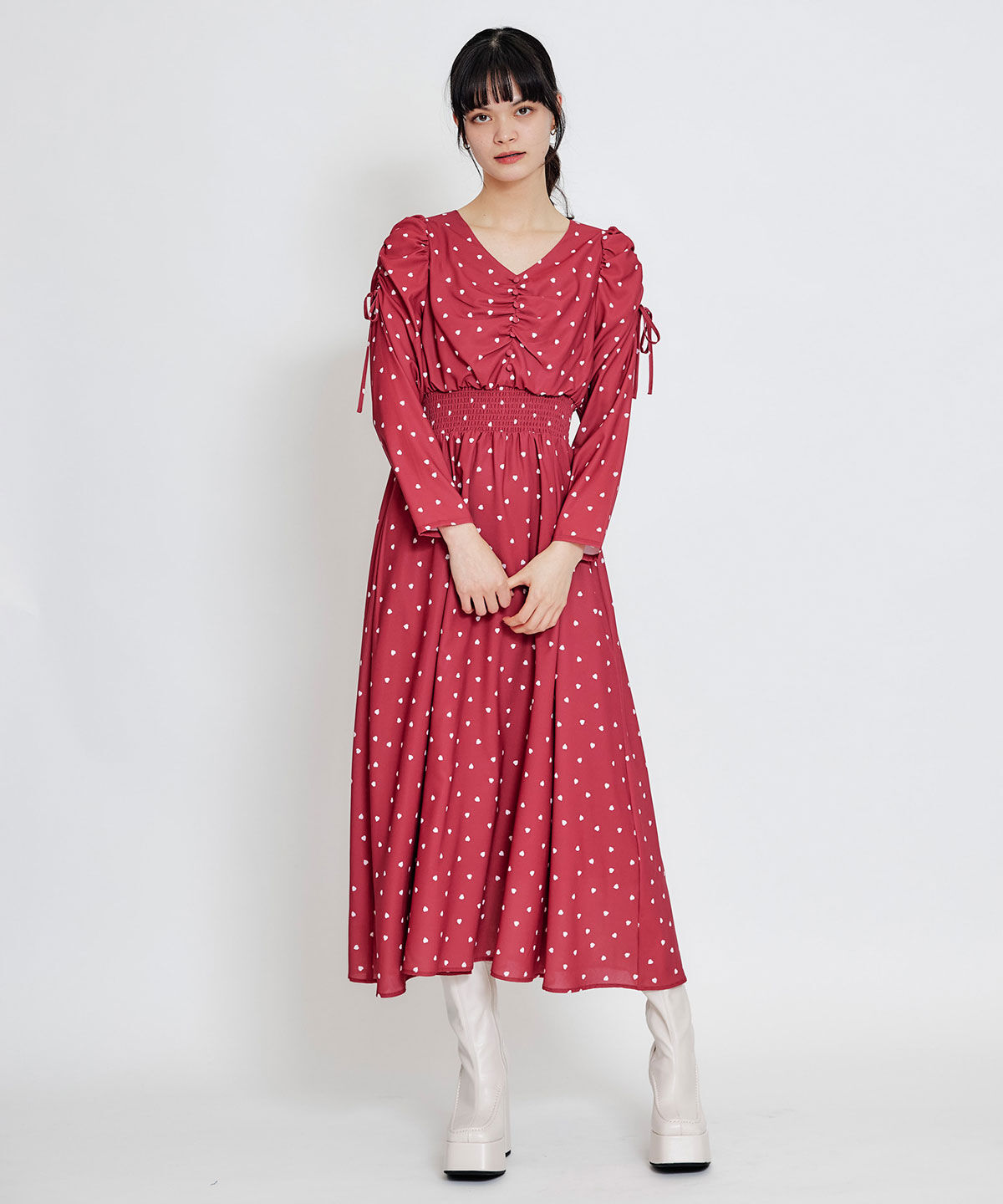 REDYAZEL「Love Me Heart ギャザーリボンロングフレアワンピース」|ワンピース|レッド