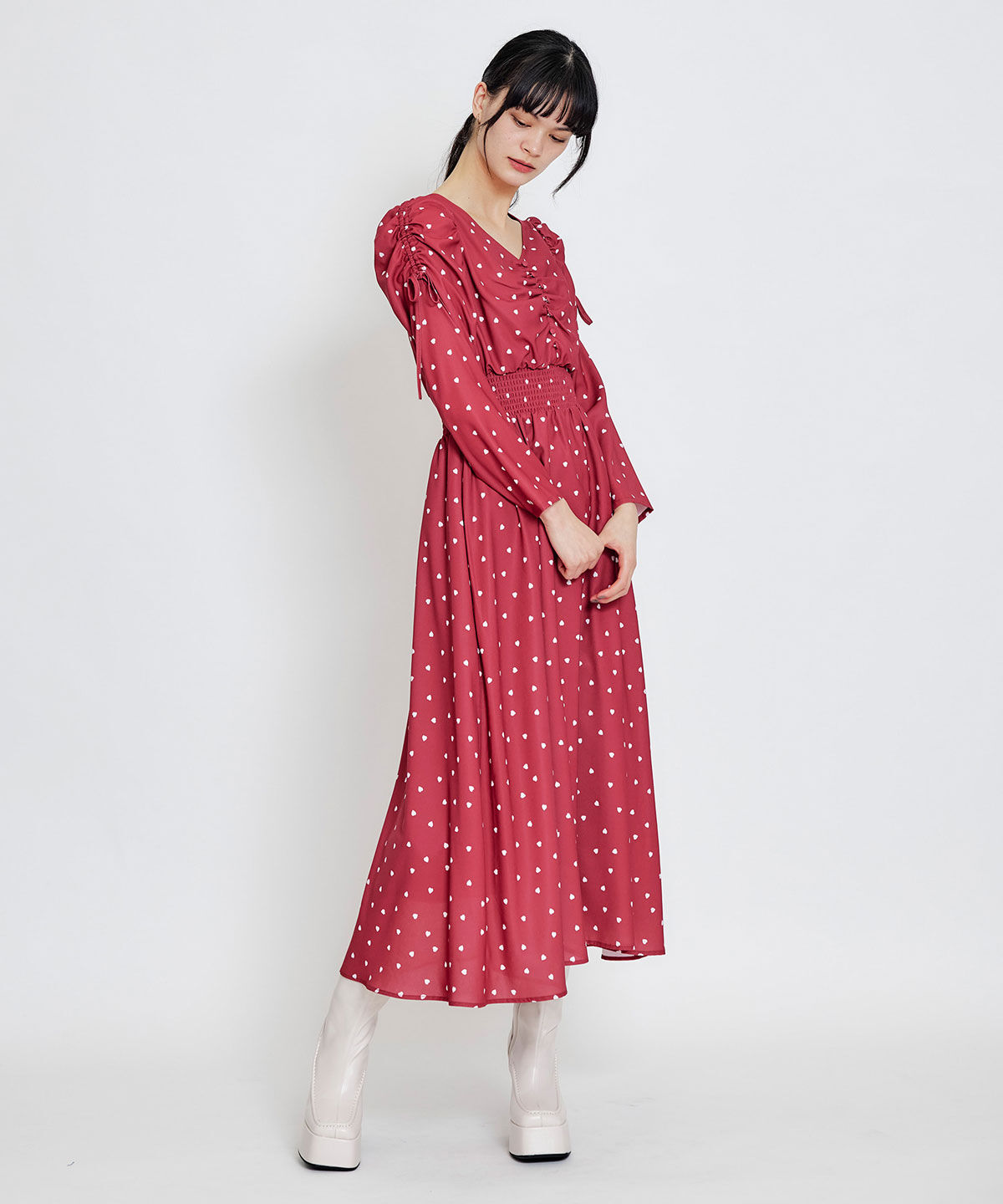 REDYAZEL「Love Me Heart ギャザーリボンロングフレアワンピース」|ワンピース|