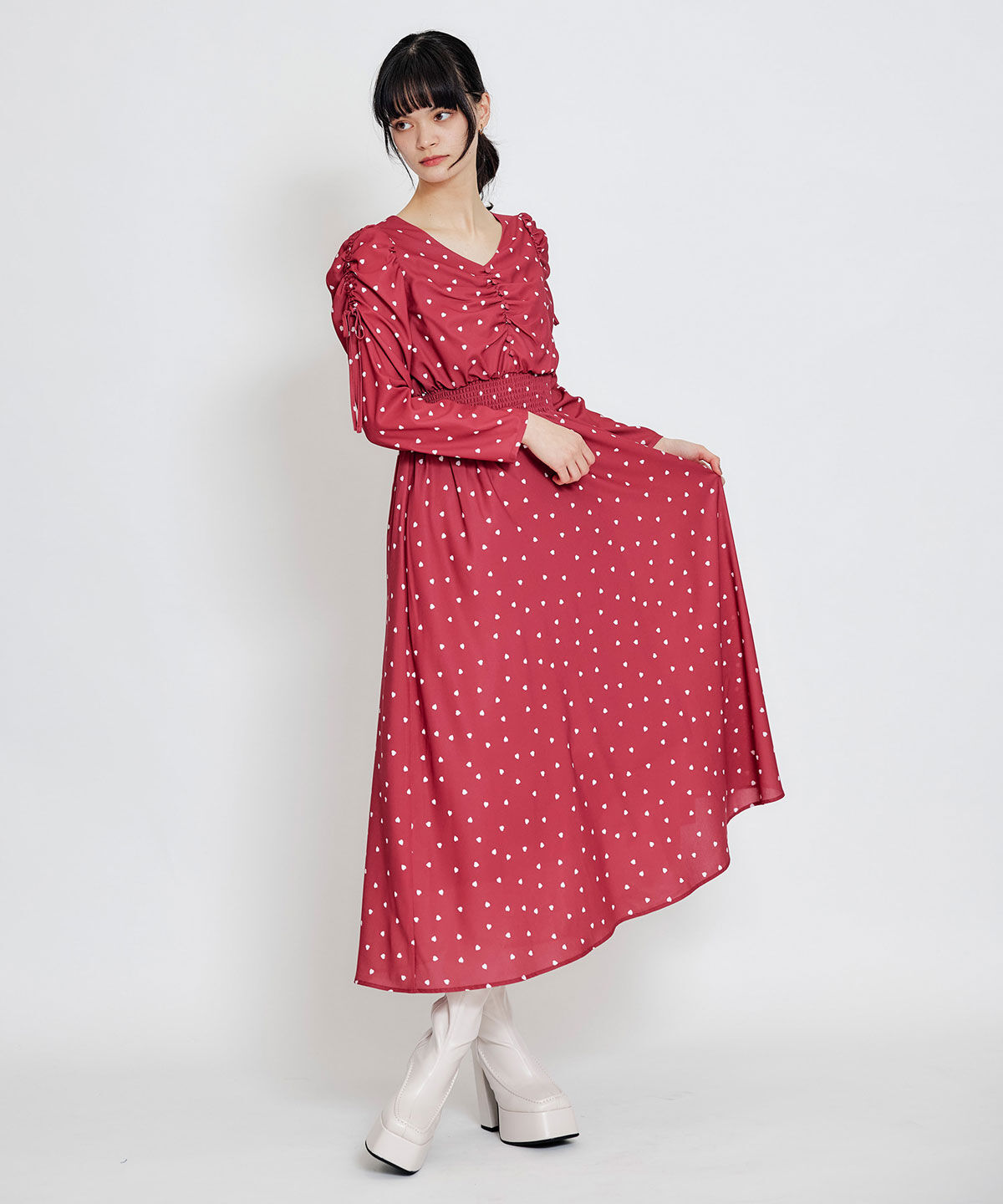 REDYAZEL「Love Me Heart ギャザーリボンロングフレアワンピース」|ワンピース|