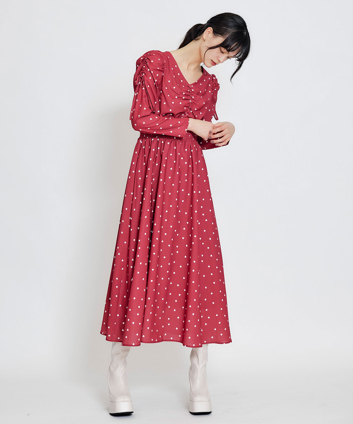 REDYAZEL「Love Me Heart ギャザーリボンロングフレアワンピース」|ワンピース|