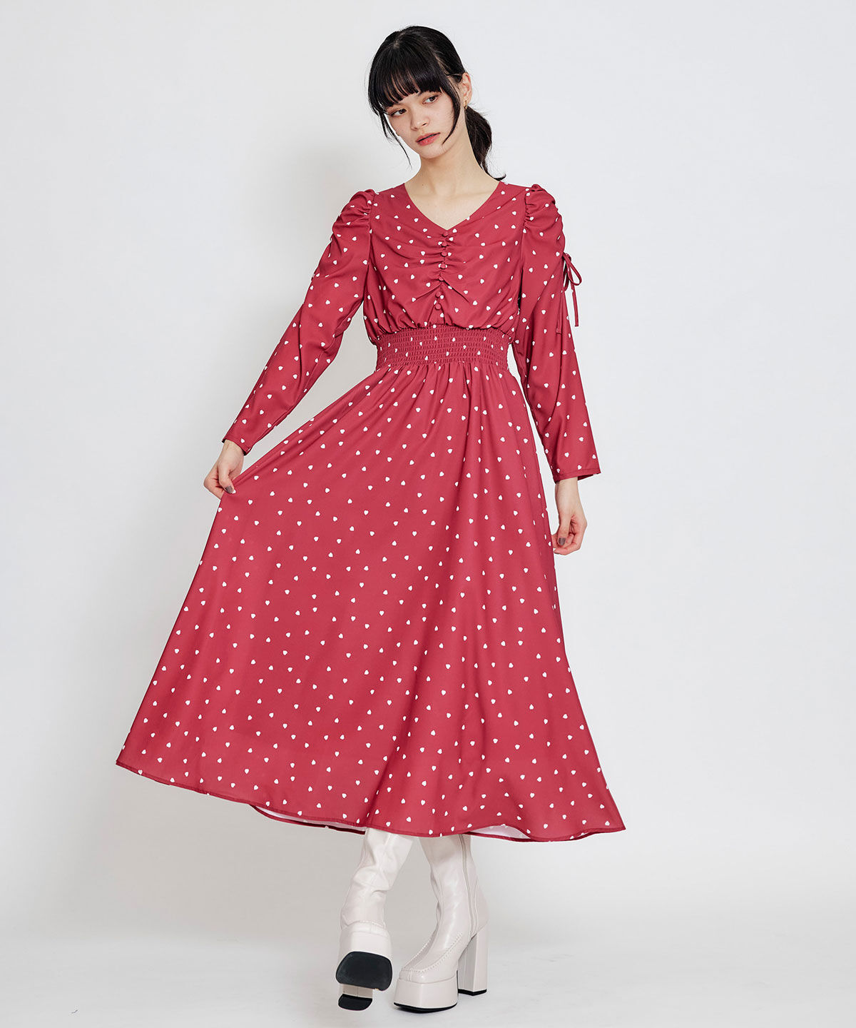 REDYAZEL「Love Me Heart ギャザーリボンロングフレアワンピース」|ワンピース|