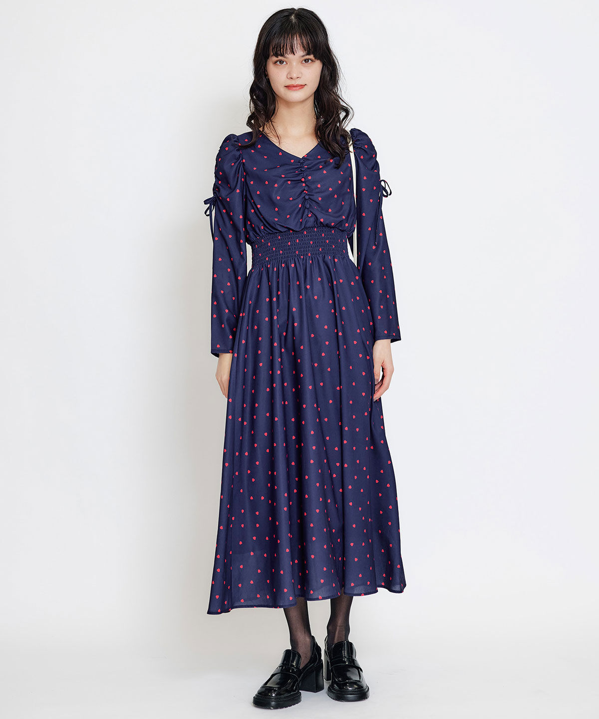 REDYAZEL「Love Me Heart ギャザーリボンロングフレアワンピース」|ワンピース|ネイビー