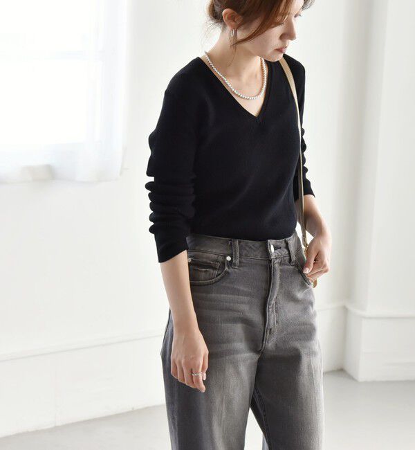 quaranciel「quaranciel:〈手洗い可能〉コットン Vネック リブ ニット」|ニット・セーター|ブラック