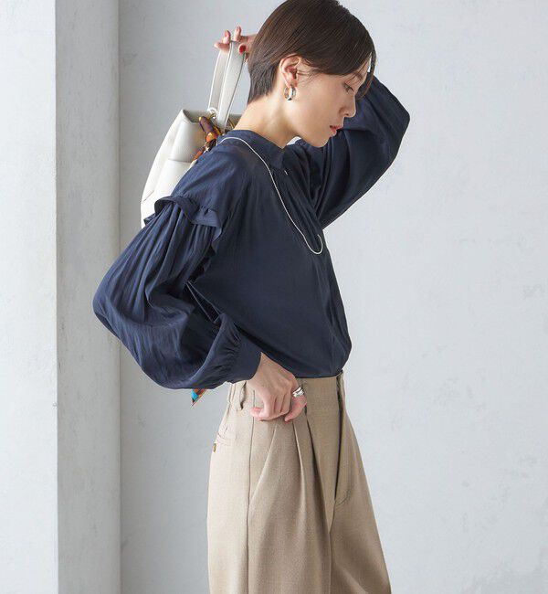 SHIPS for women「〈手洗い可能〉パウダリー 割繊 スタンドカラー ブラウス」|シャツ・ブラウス|