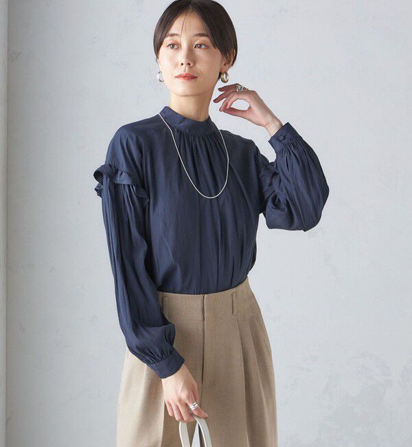 SHIPS for women「〈手洗い可能〉パウダリー 割繊 スタンドカラー ブラウス」|シャツ・ブラウス|