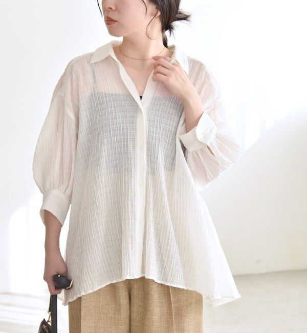 quaranciel「quaranciel :〈洗濯機可能〉シアー バンピー レギュラーカラー パフ シャツ ブラウス」|シャツ・ブラウス|