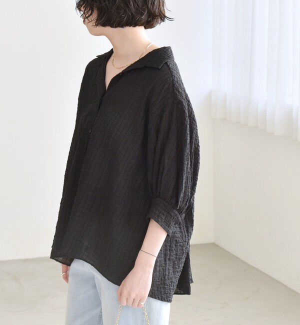 quaranciel「quaranciel :〈洗濯機可能〉シアー バンピー レギュラーカラー パフ シャツ ブラウス」|シャツ・ブラウス|