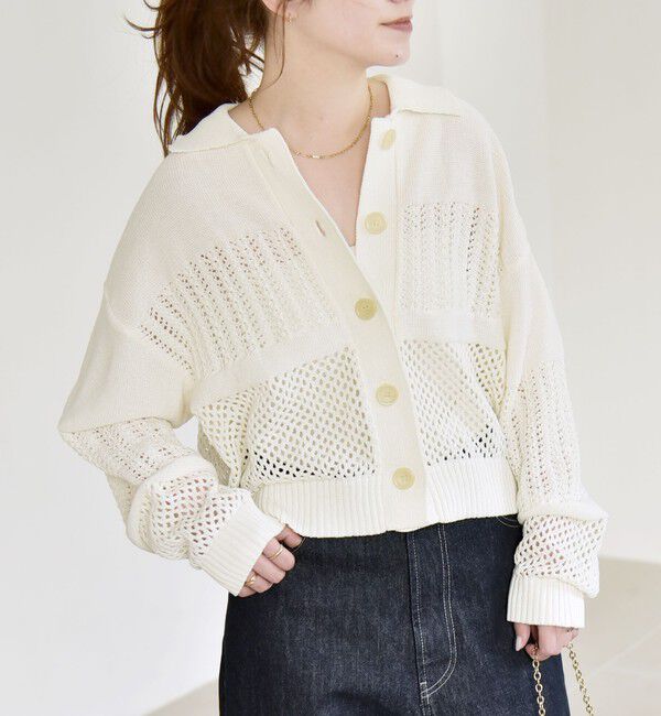 quaranciel「quaranciel:〈手洗い可能〉透かし編み 襟付き ニット カーディガン」|カーディガン|
