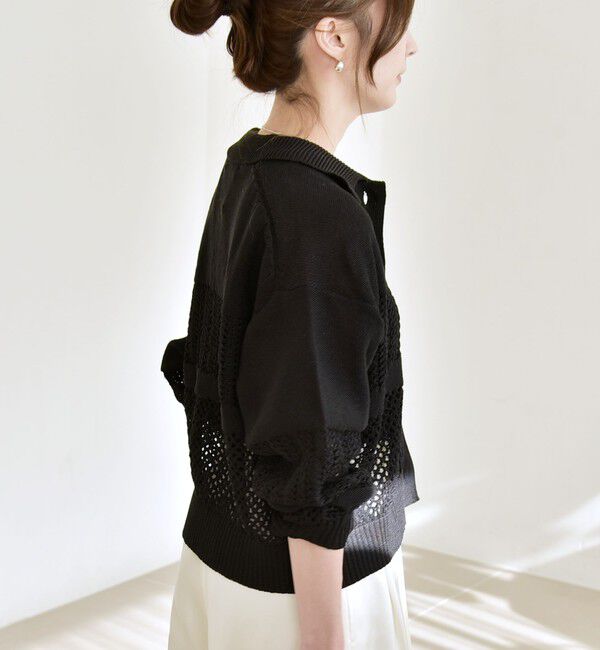 quaranciel「quaranciel:〈手洗い可能〉透かし編み 襟付き ニット カーディガン」|カーディガン|