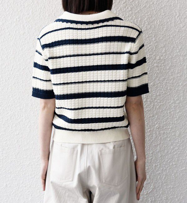 SHIPS any「《予約》SHIPS any:〈手洗い可能〉バスケット編み 配色 ボーダー ポロ襟 ニット」|ニット・セーター|