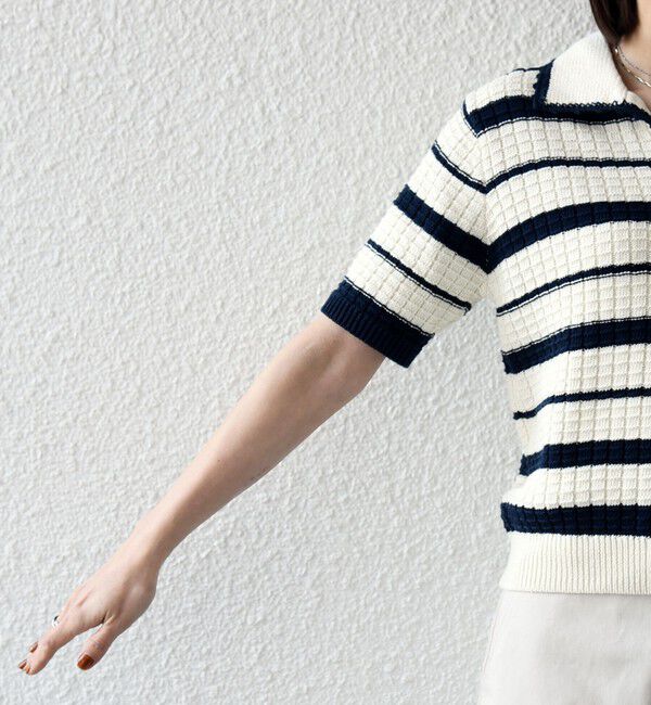 SHIPS any「《予約》SHIPS any:〈手洗い可能〉バスケット編み 配色 ボーダー ポロ襟 ニット」|ニット・セーター|