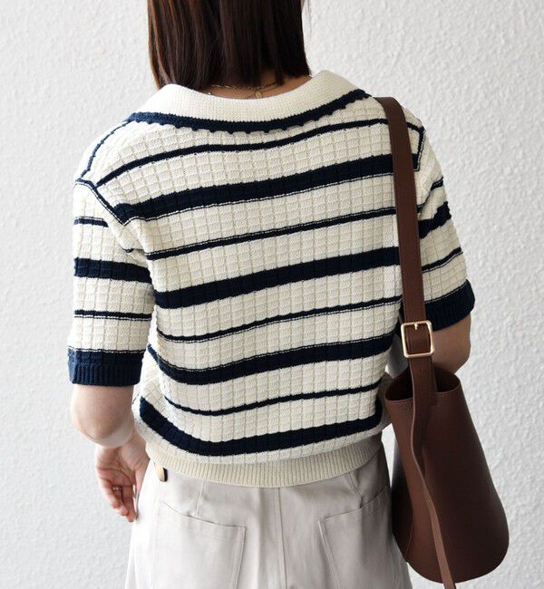 SHIPS any「《予約》SHIPS any:〈手洗い可能〉バスケット編み 配色 ボーダー ポロ襟 ニット」|ニット・セーター|