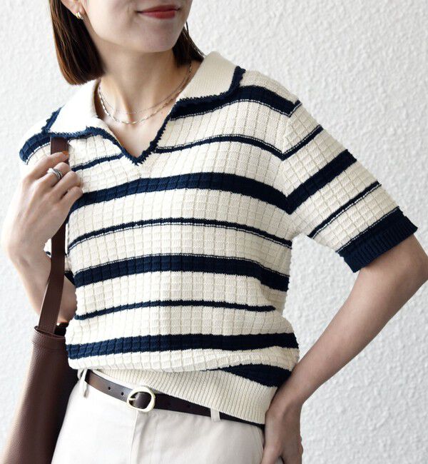 SHIPS any「《予約》SHIPS any:〈手洗い可能〉バスケット編み 配色 ボーダー ポロ襟 ニット」|ニット・セーター|