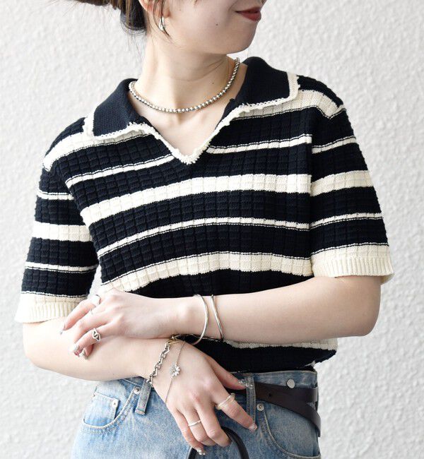 SHIPS any「《予約》SHIPS any:〈手洗い可能〉バスケット編み 配色 ボーダー ポロ襟 ニット」|ニット・セーター|ブラック