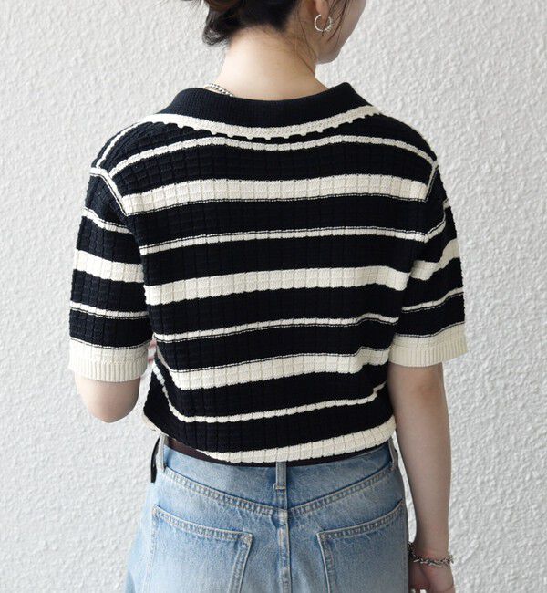 SHIPS any「《予約》SHIPS any:〈手洗い可能〉バスケット編み 配色 ボーダー ポロ襟 ニット」|ニット・セーター|