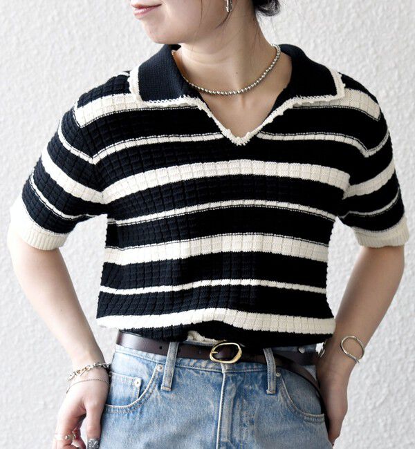 SHIPS any「《予約》SHIPS any:〈手洗い可能〉バスケット編み 配色 ボーダー ポロ襟 ニット」|ニット・セーター|