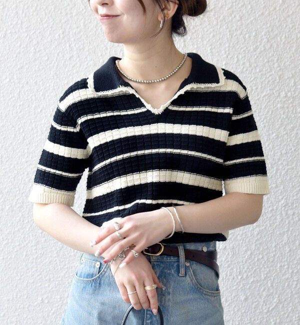 SHIPS any「《予約》SHIPS any:〈手洗い可能〉バスケット編み 配色 ボーダー ポロ襟 ニット」|ニット・セーター|