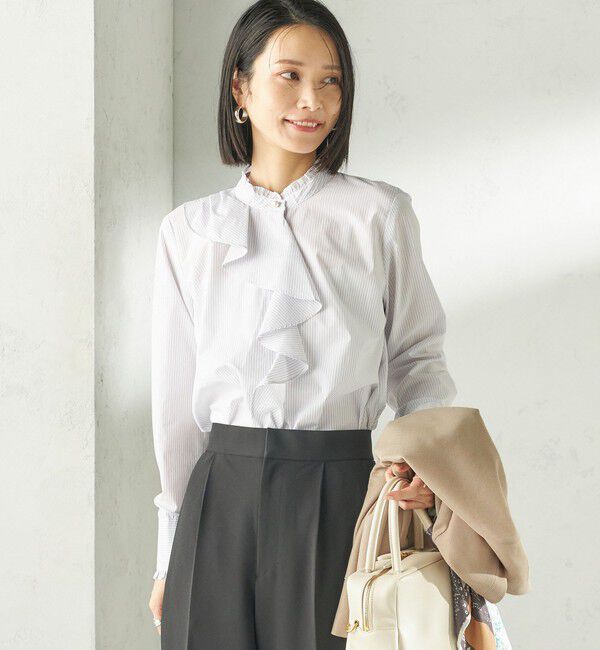 SHIPS for women「《予約》〈手洗い可能〉パール モチーフ ボタン フリル ブラウス」|シャツ・ブラウス|