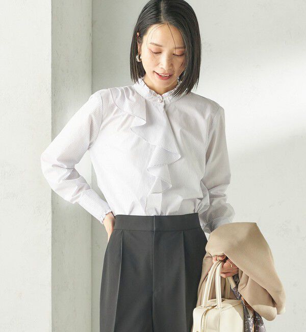 SHIPS for women「《予約》〈手洗い可能〉パール モチーフ ボタン フリル ブラウス」|シャツ・ブラウス|