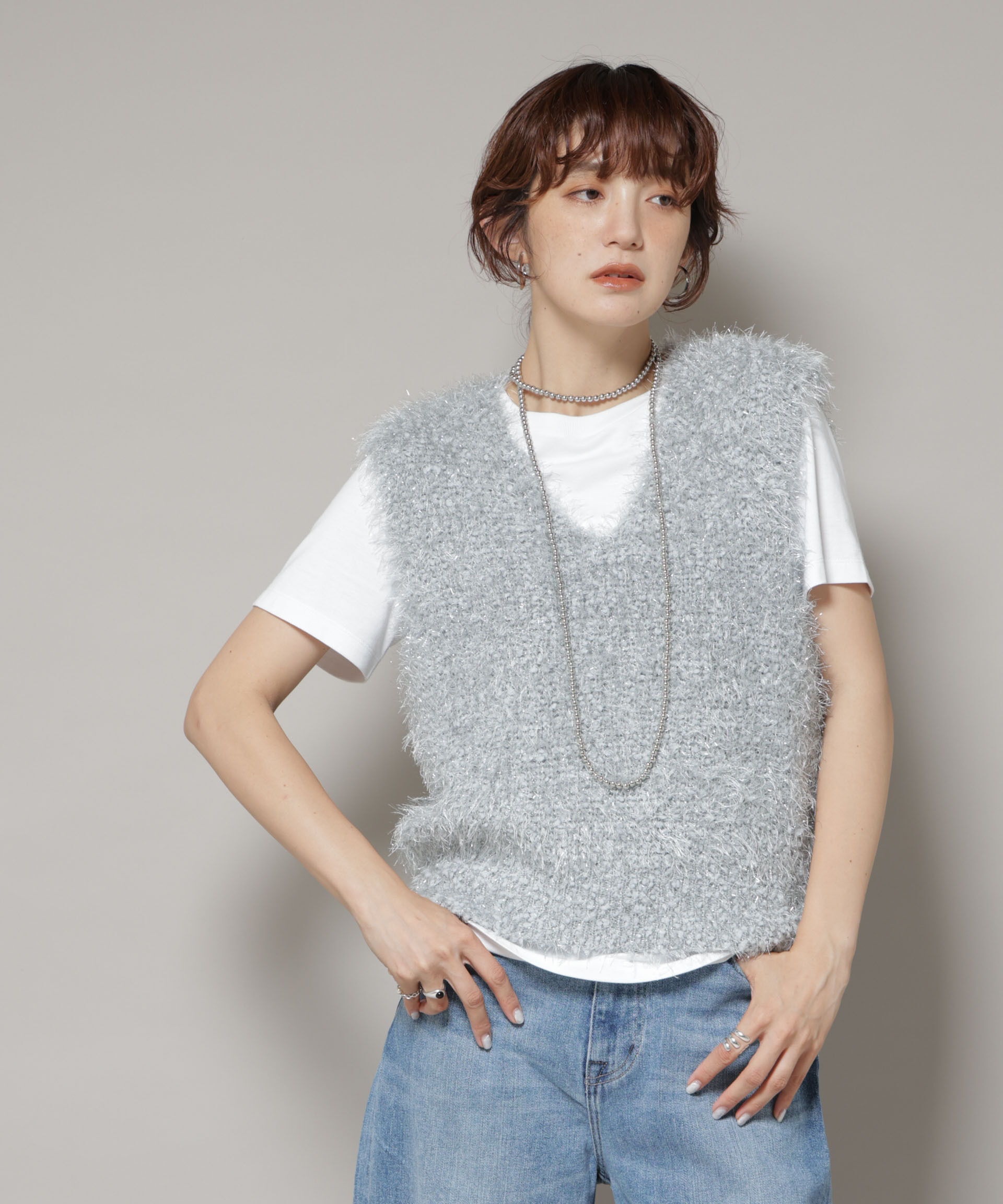 nano･universe「シャギーラメベスト」|ニット・セーター|