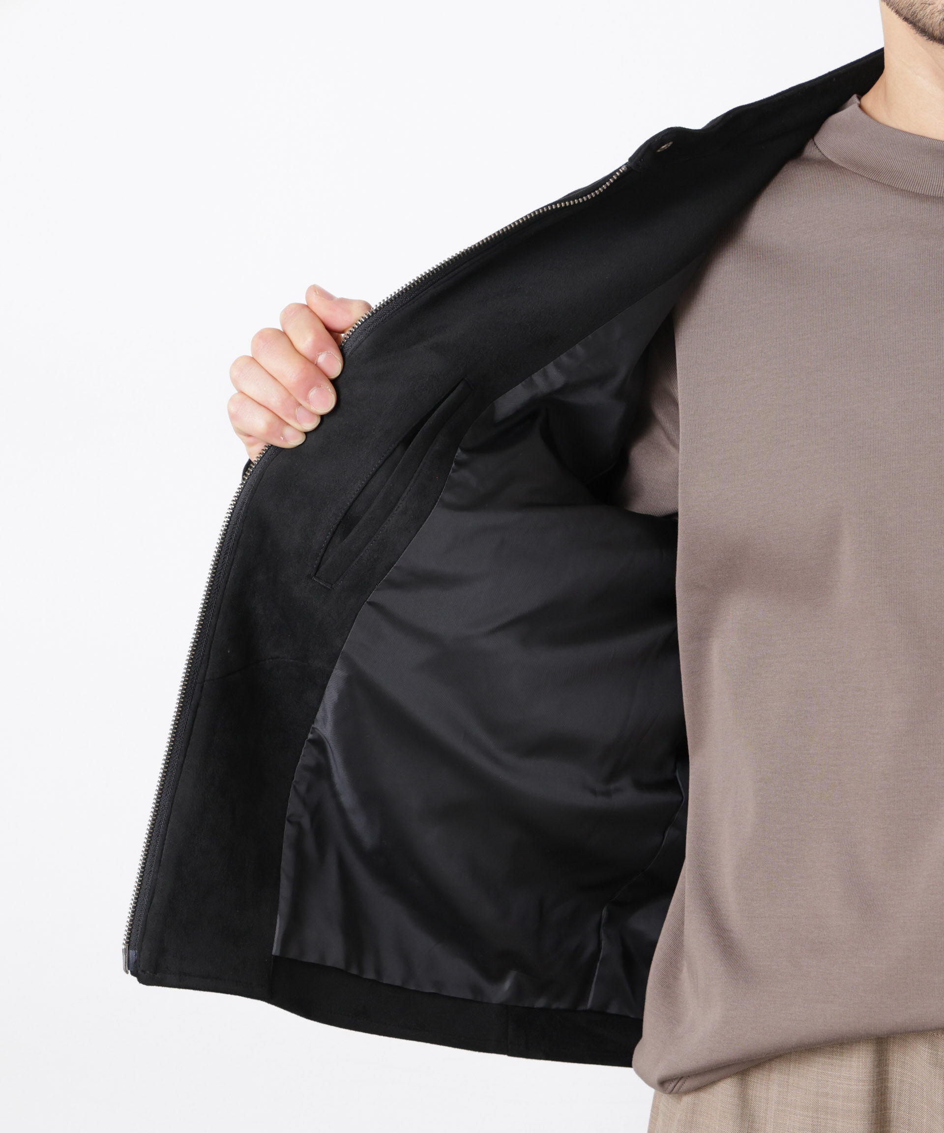 nano･universe「フェイクスエードバンドカラーライダースジャケット」|ブルゾン・スタジャン|