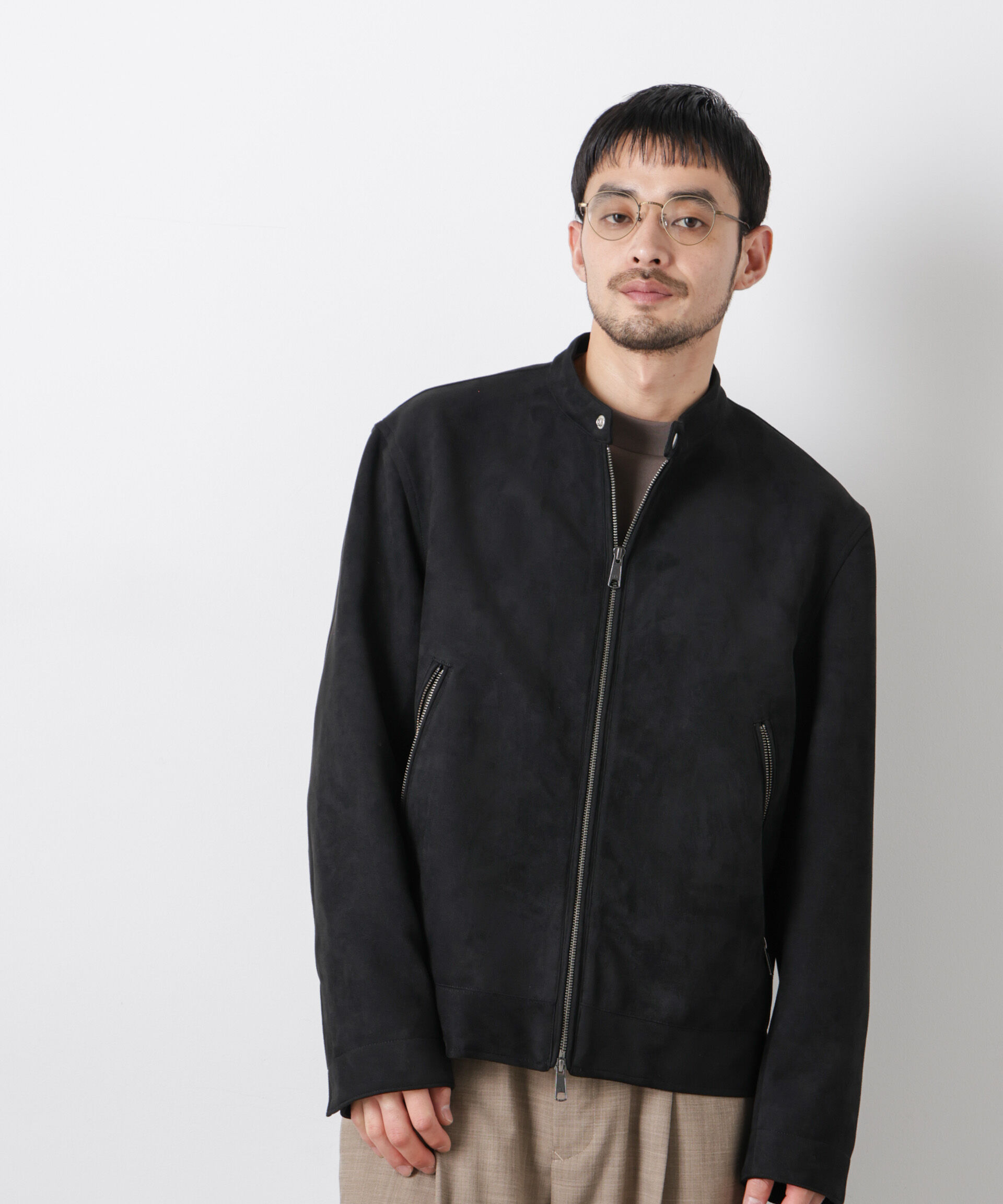 nano･universe「フェイクスエードバンドカラーライダースジャケット」|ブルゾン・スタジャン|