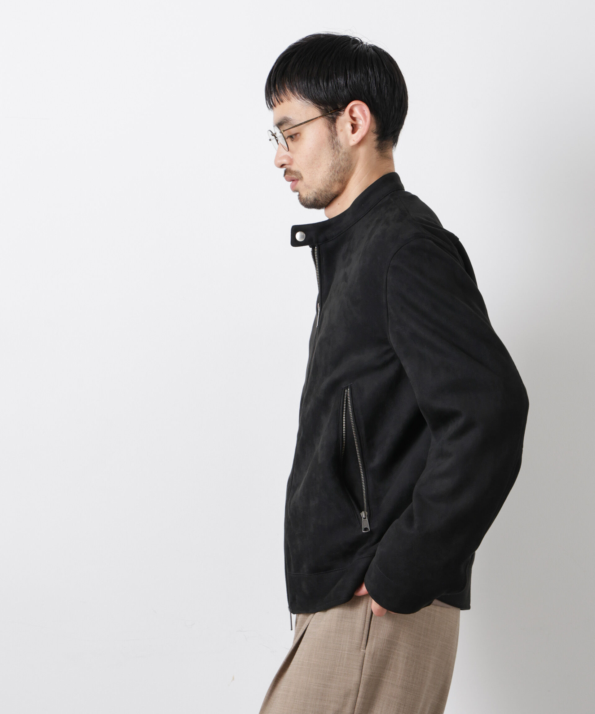 nano･universe「フェイクスエードバンドカラーライダースジャケット」|ブルゾン・スタジャン|