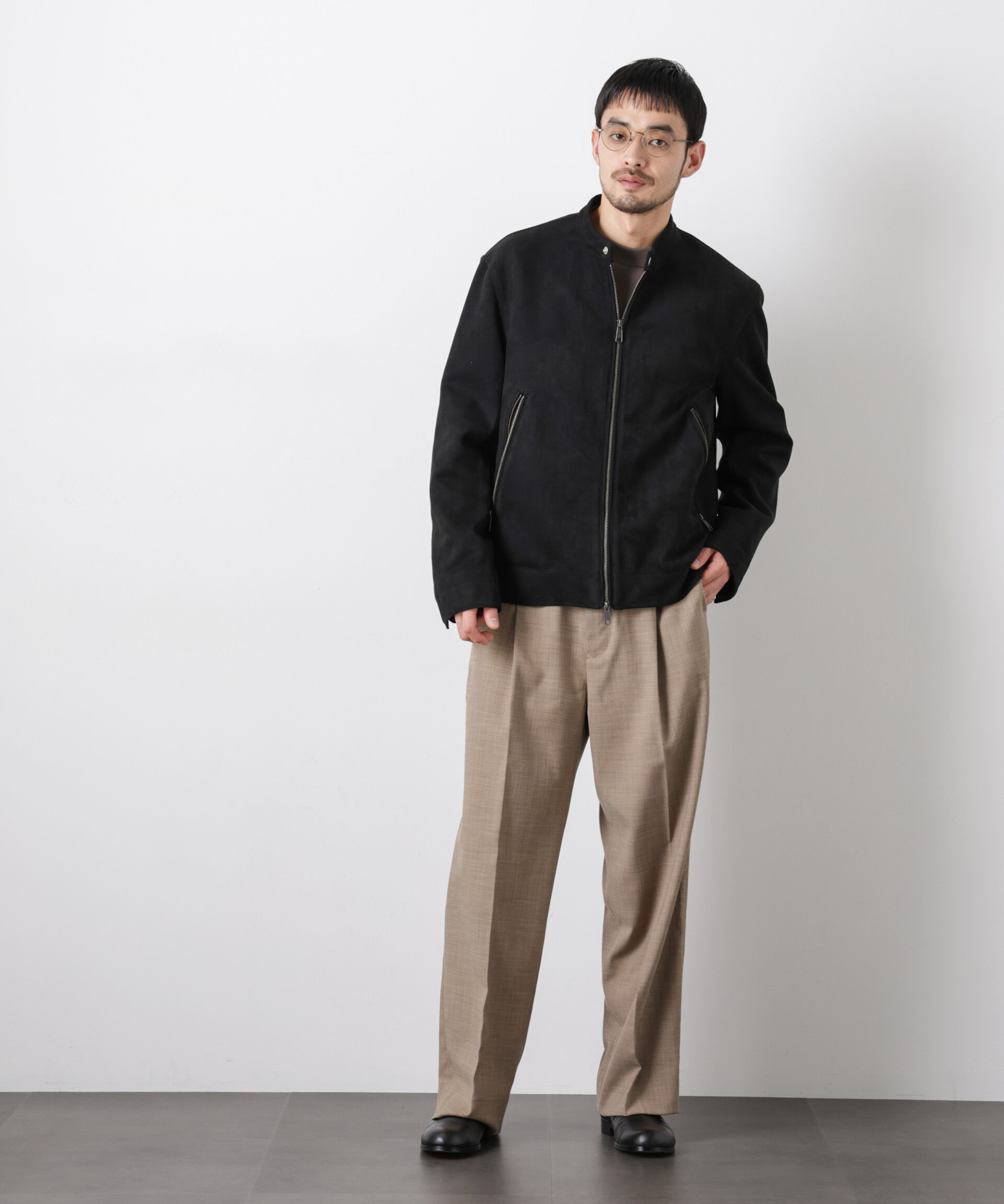 nano･universe「フェイクスエードバンドカラーライダースジャケット」|ブルゾン・スタジャン|