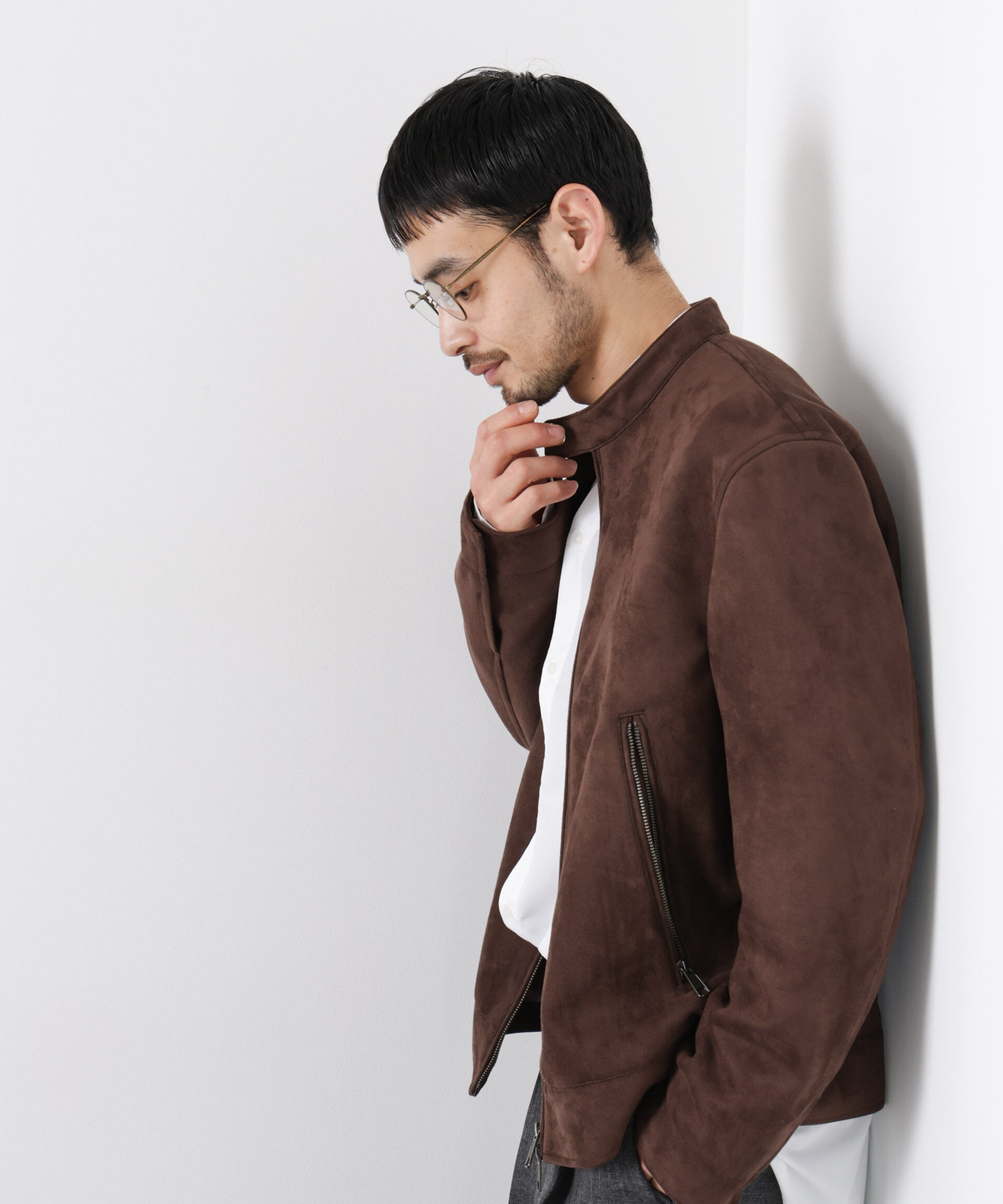 nano･universe「フェイクスエードバンドカラーライダースジャケット」|ブルゾン・スタジャン|ブラウン