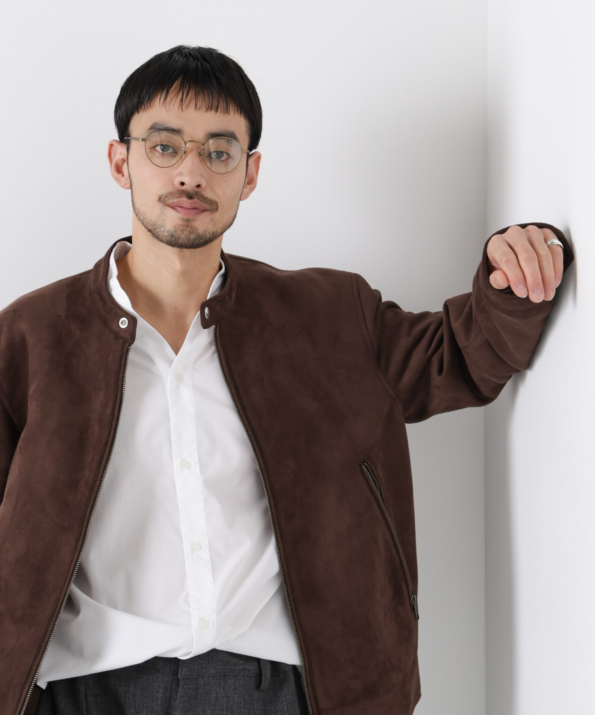 nano･universe「フェイクスエードバンドカラーライダースジャケット」|ブルゾン・スタジャン|